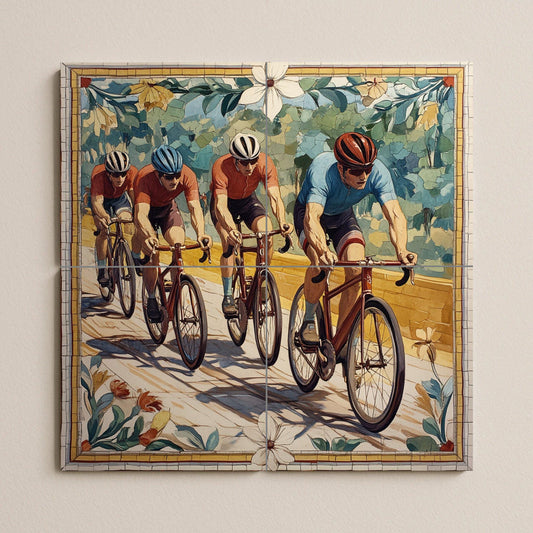 Mural cerámico de un equipo ciclista