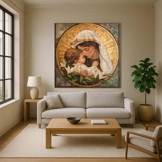 Mural cerámico mariano — Virgen y el Niño con halo dorado, lirios…
