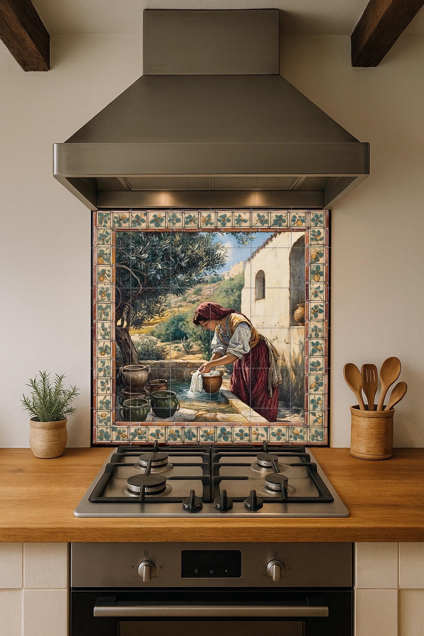 Murale in Piastrelle Rustico presso a un pozo — Scena di Cucina e Campagna