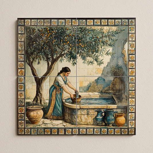 Mural cerámico de una fuente mediterránea