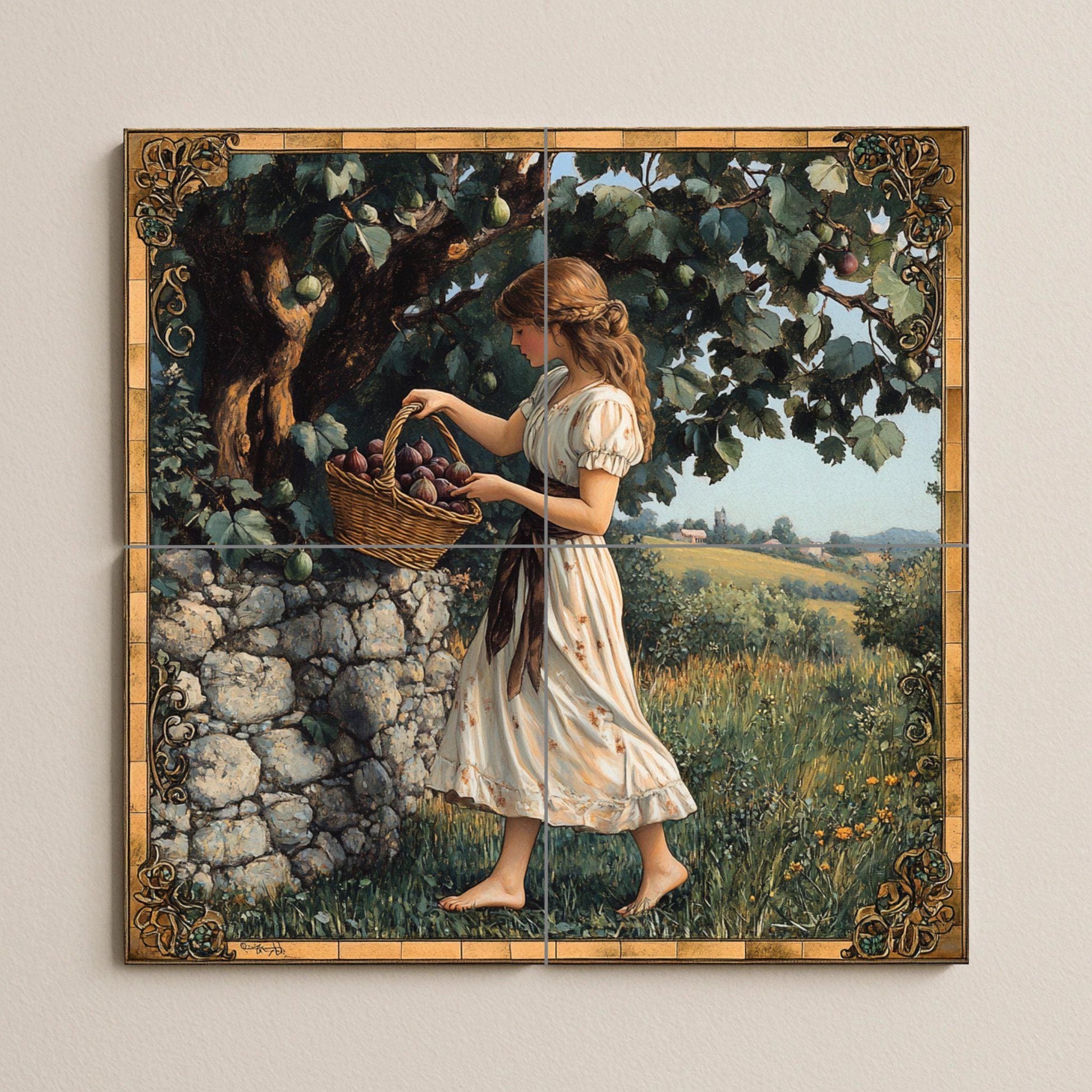 Fresque en Carrelage Récolte de ciruelas — Scène de Cuisine et Campagne