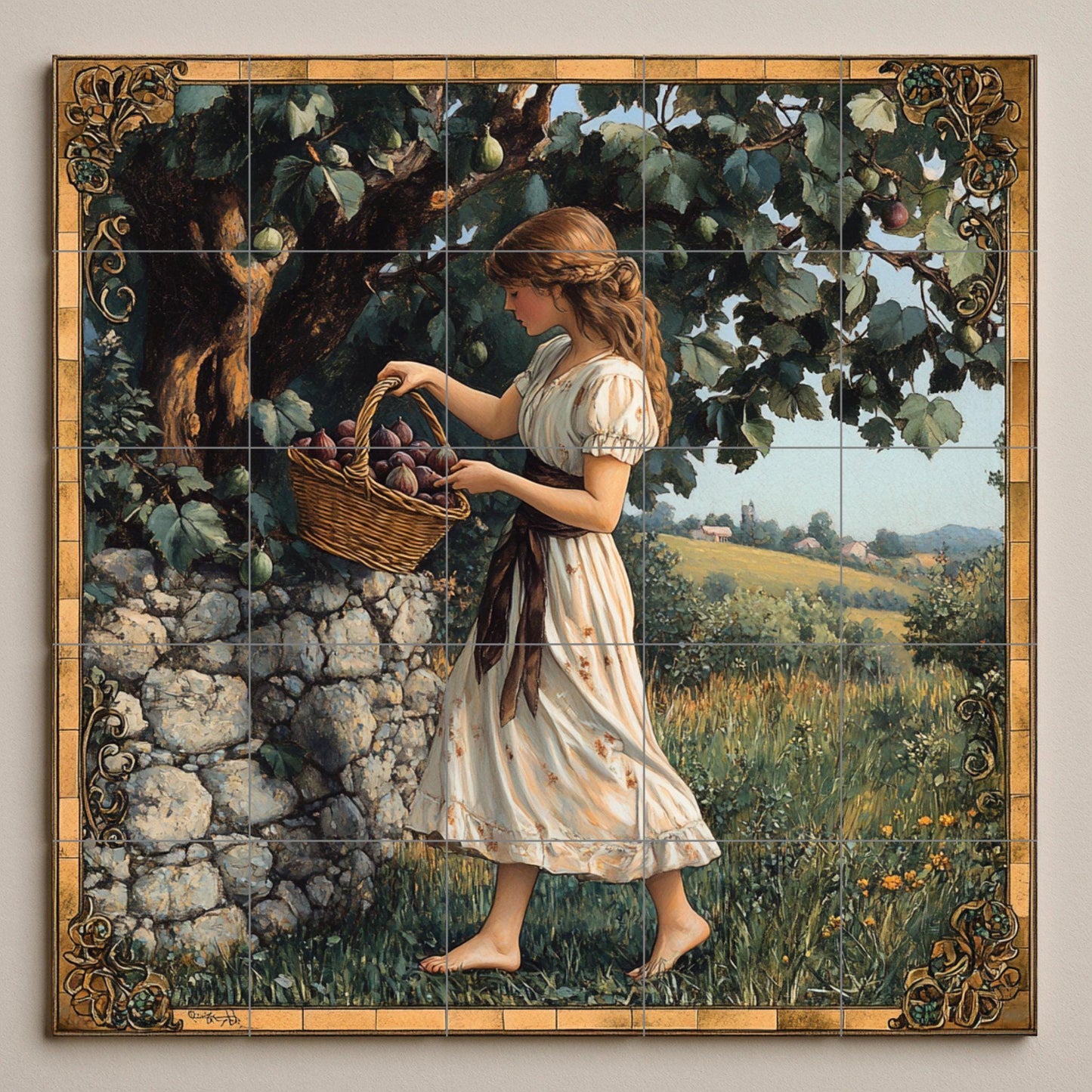 Fresque en Carrelage Récolte de ciruelas — Scène de Cuisine et Campagne