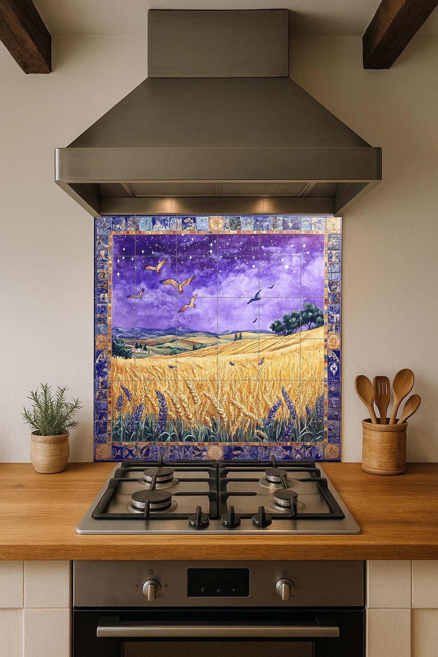 Un campo de trigo en una noche estrellada · Fresque Céramique — Scène de Cuisine et Campagne