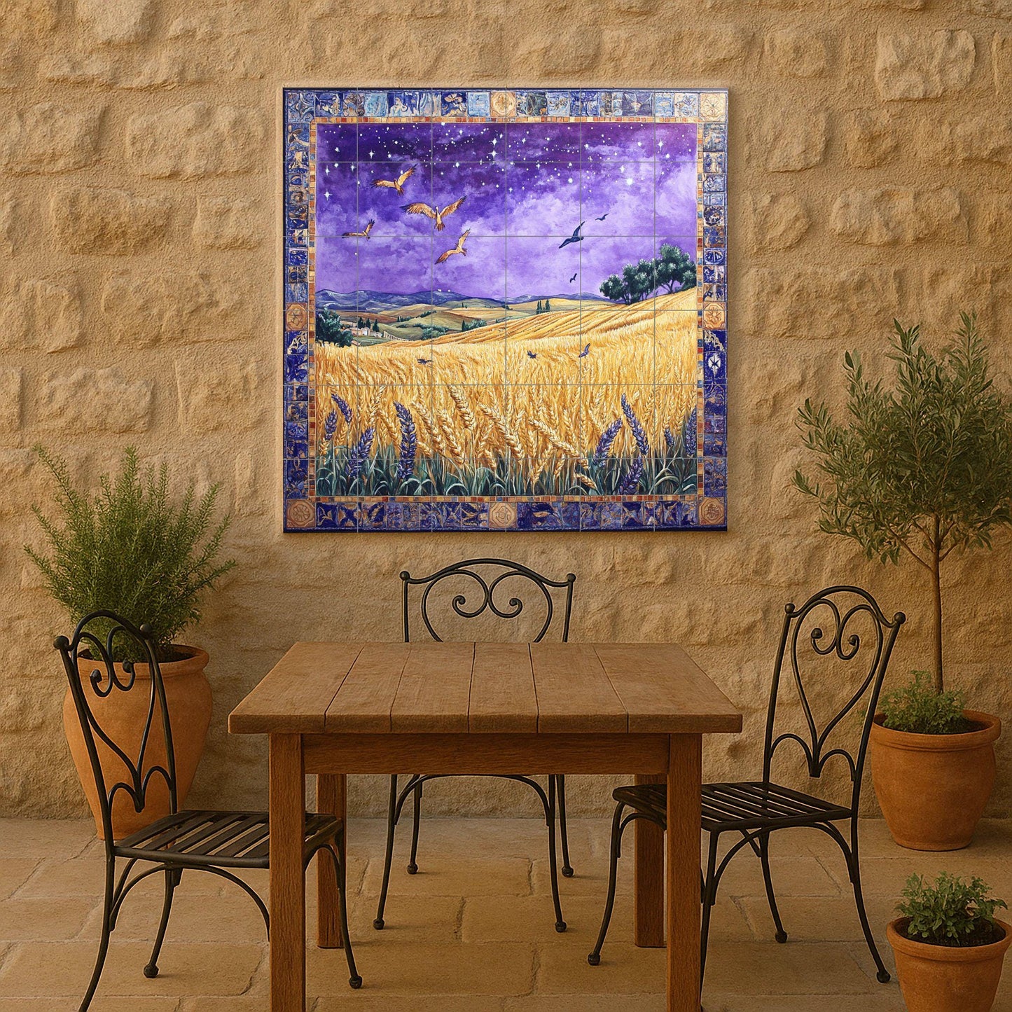Un campo de trigo en una noche estrellada · Fresque Céramique — Scène de Cuisine et Campagne