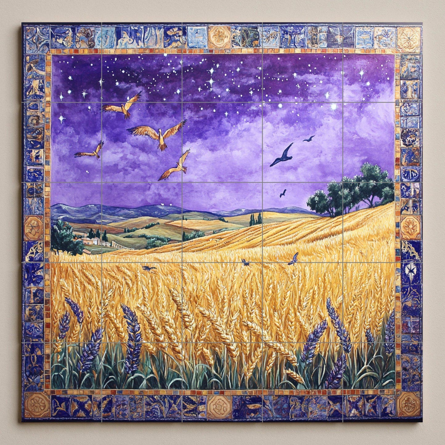 Un campo de trigo en una noche estrellada · Fresque Céramique — Scène de Cuisine et Campagne