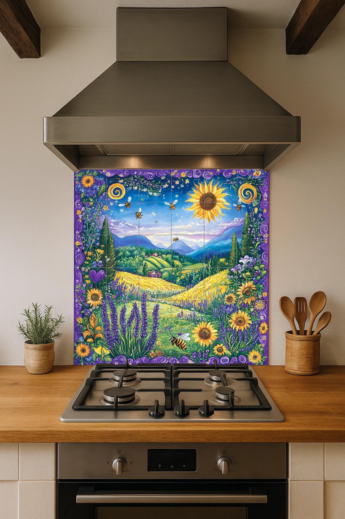 Girasoli e Api — Murale in Piastrelle di Ceramica · Decoro Giardino e Natura
