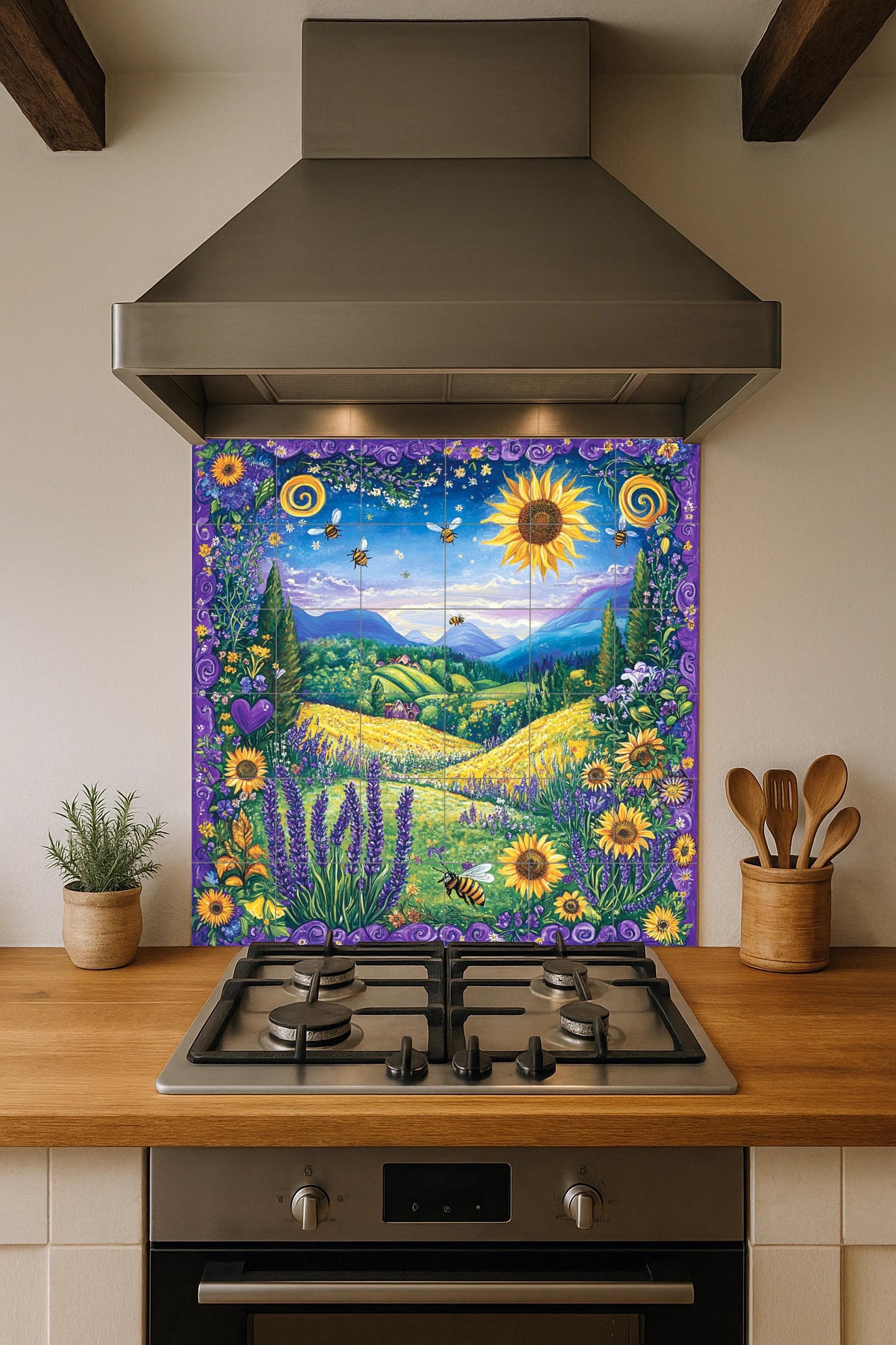 Girasoli e Api — Murale in Piastrelle di Ceramica · Decoro Giardino e Natura