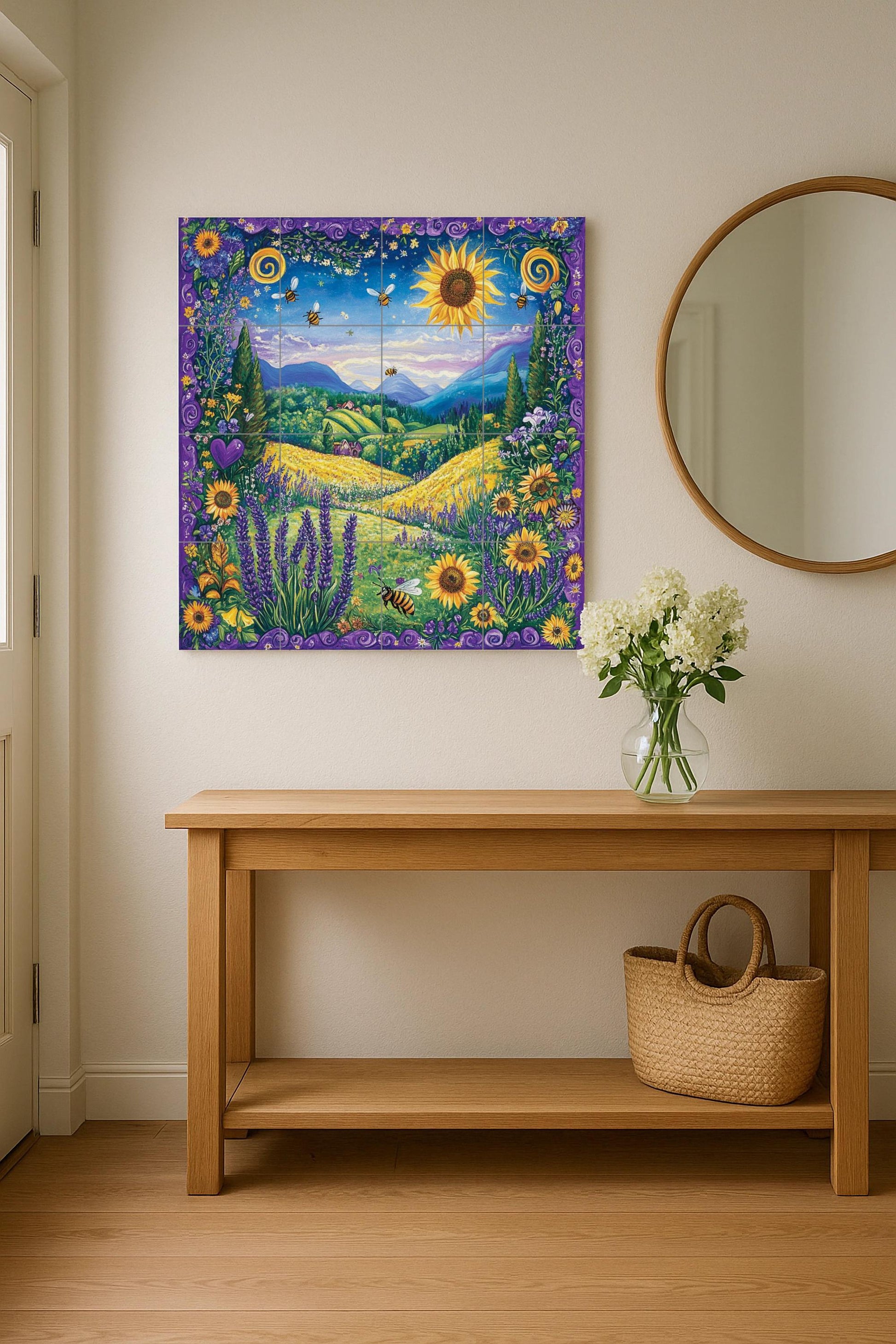 Girasoli e Api — Murale in Piastrelle di Ceramica · Decoro Giardino e Natura