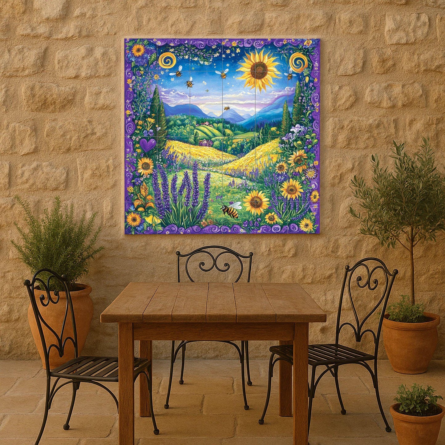 Girasoli e Api — Murale in Piastrelle di Ceramica · Decoro Giardino e Natura