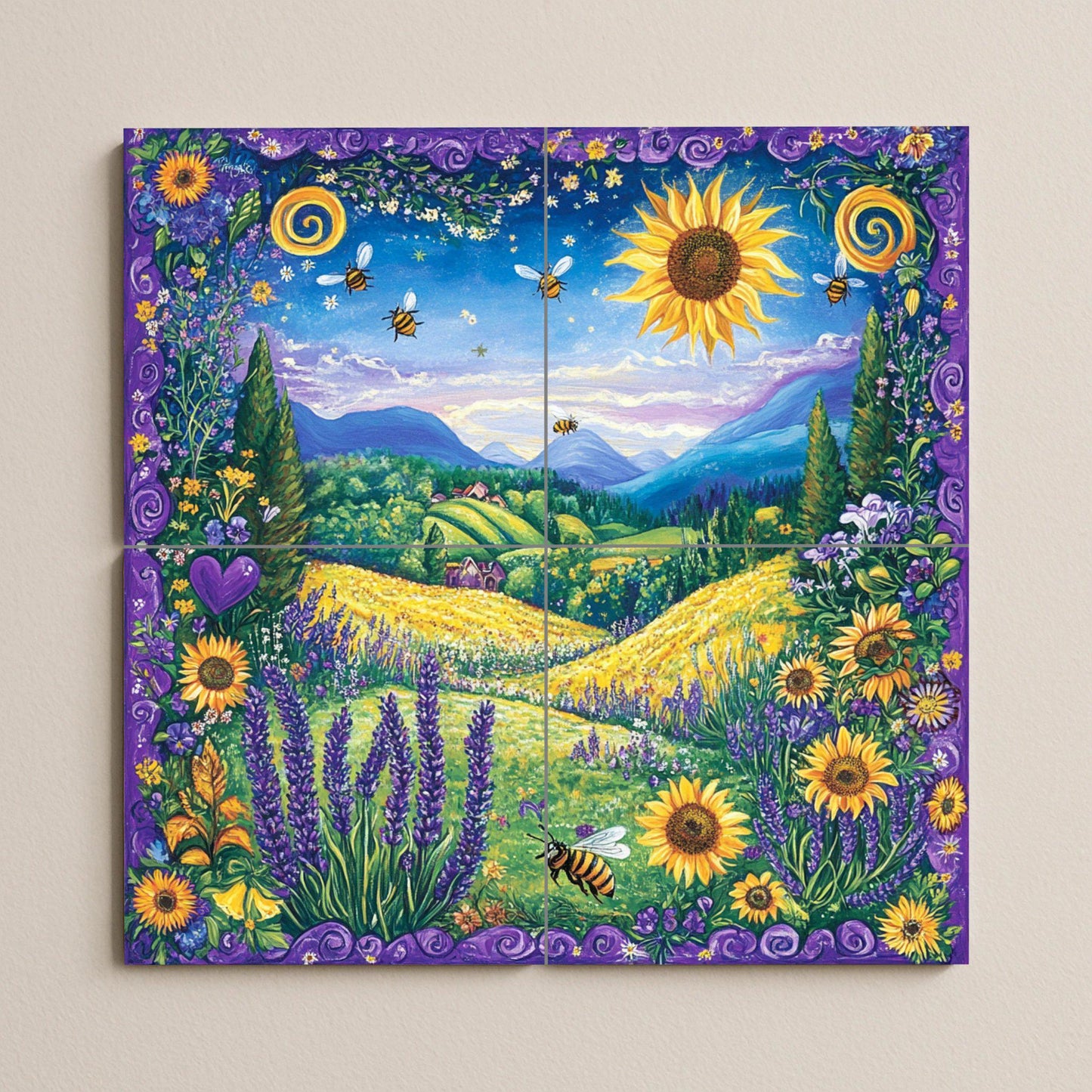 Girasoli e Api — Murale in Piastrelle di Ceramica · Decoro Giardino e Natura