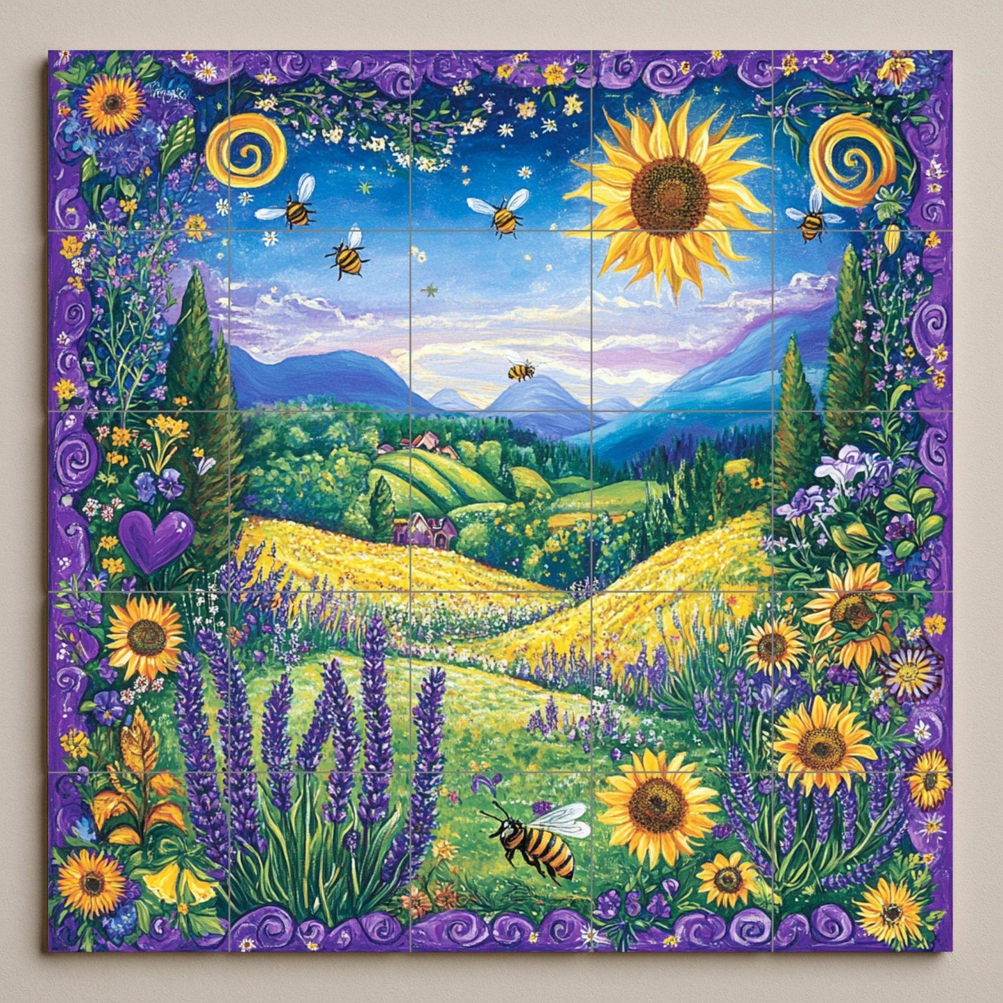 Girasoli e Api — Murale in Piastrelle di Ceramica · Decoro Giardino e Natura