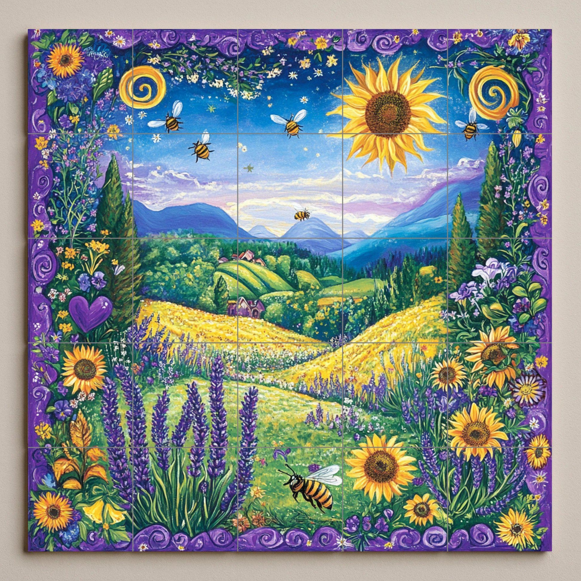 Girasoli e Api — Murale in Piastrelle di Ceramica · Decoro Giardino e Natura