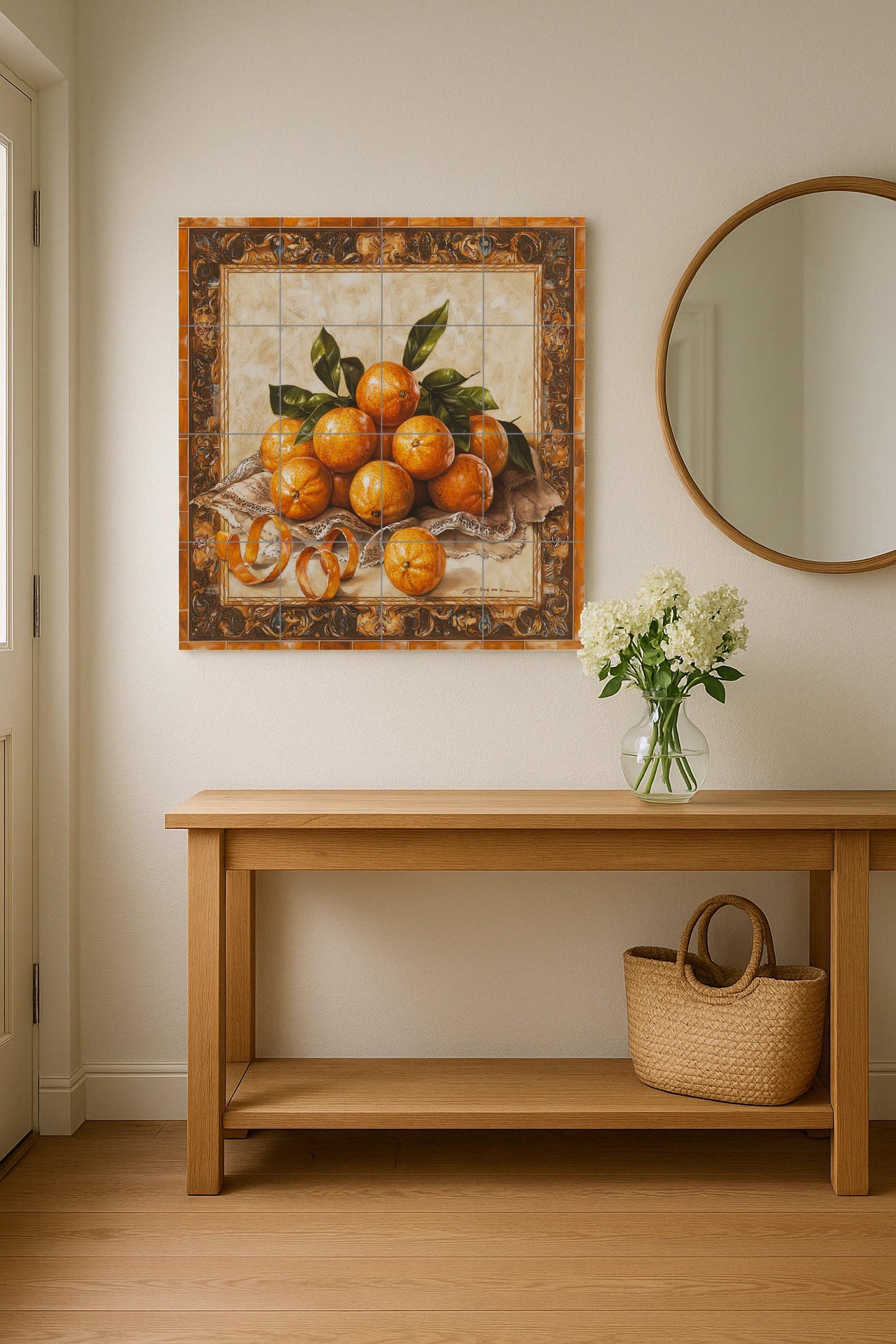 Naranjas, cáscaras rizadas, tela de encaje — Culinary Wall Décor · Tile Wall Art