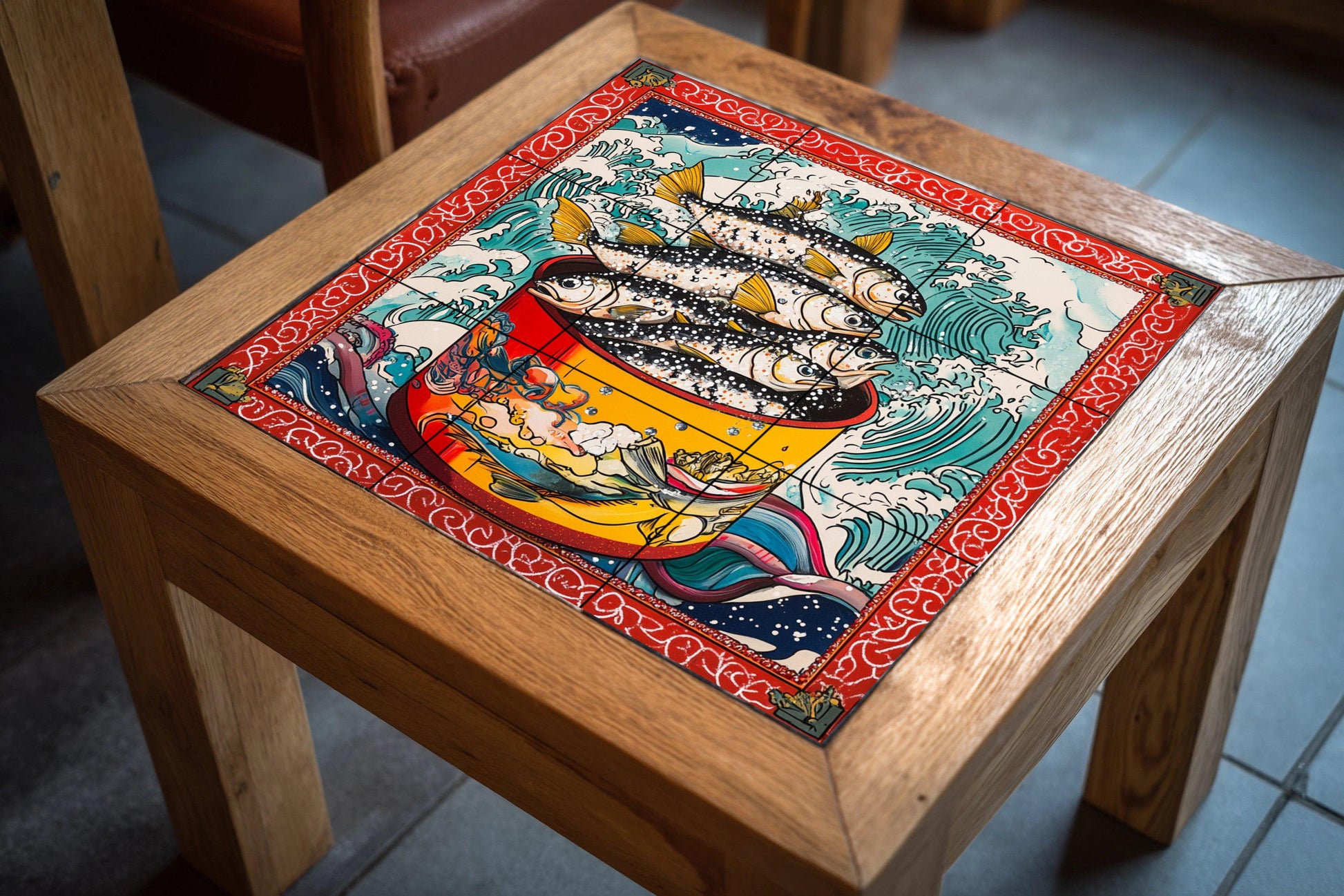 Peces estilizados en maceta roja, olas romp — Seaside Scene · Ceramic Tile Mural