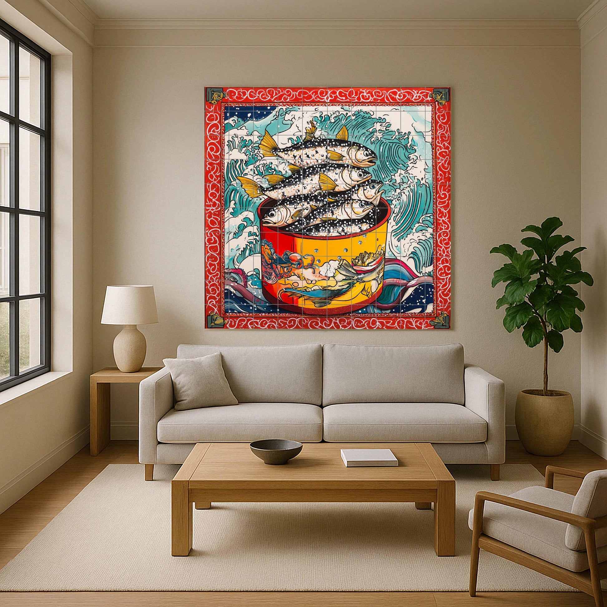 Peces estilizados en maceta roja, olas romp — Seaside Scene · Ceramic Tile Mural