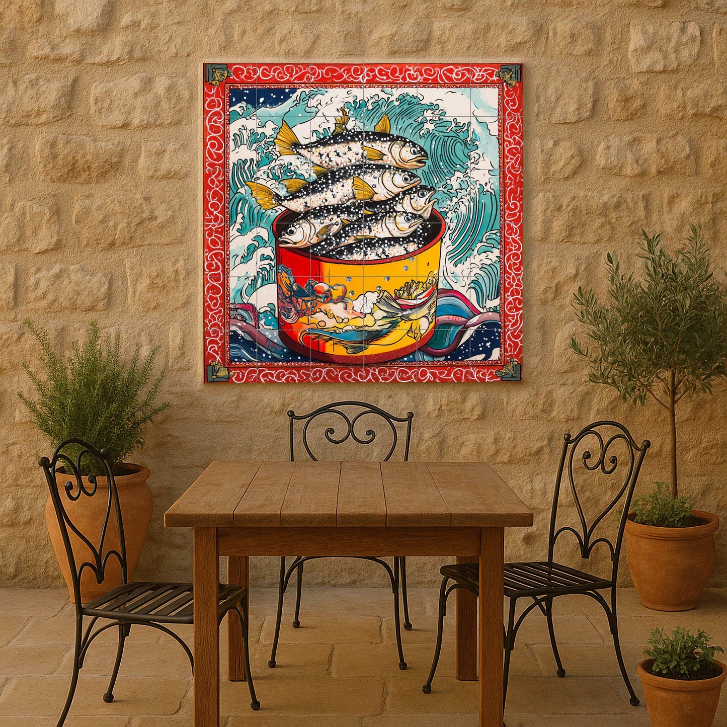 Peces estilizados en maceta roja, olas romp — Seaside Scene · Ceramic Tile Mural