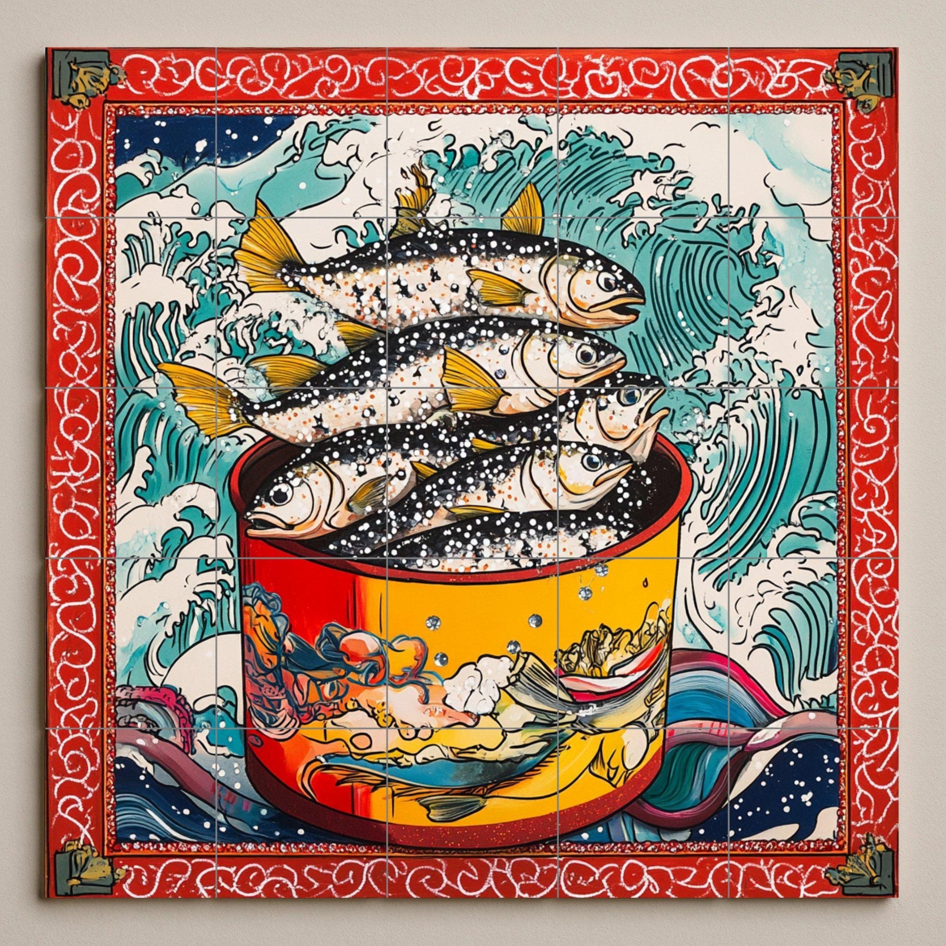 Peces estilizados en maceta roja, olas romp — Seaside Scene · Ceramic Tile Mural