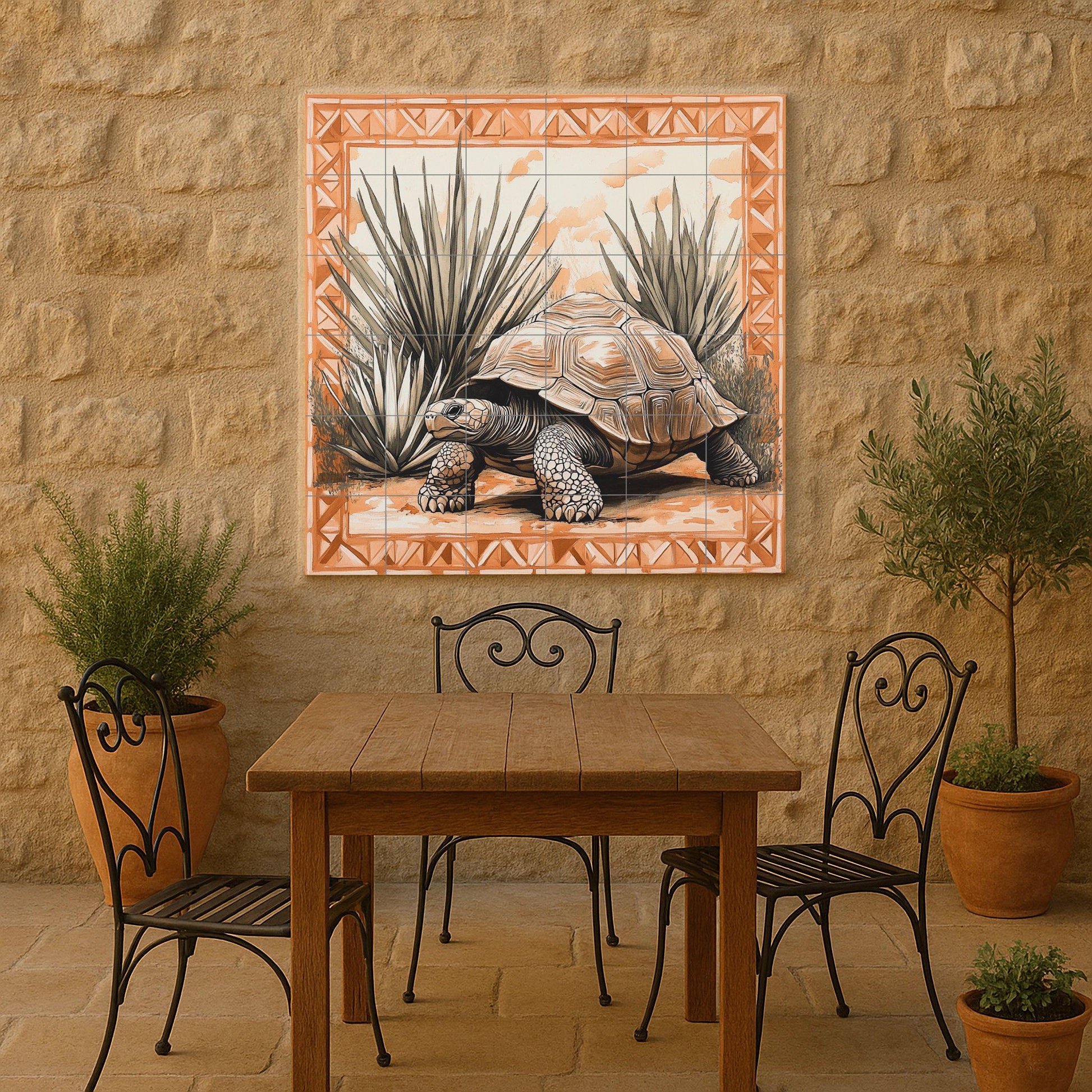Mural de azulejos cerámicos de tortuga del desierto con plantas de…