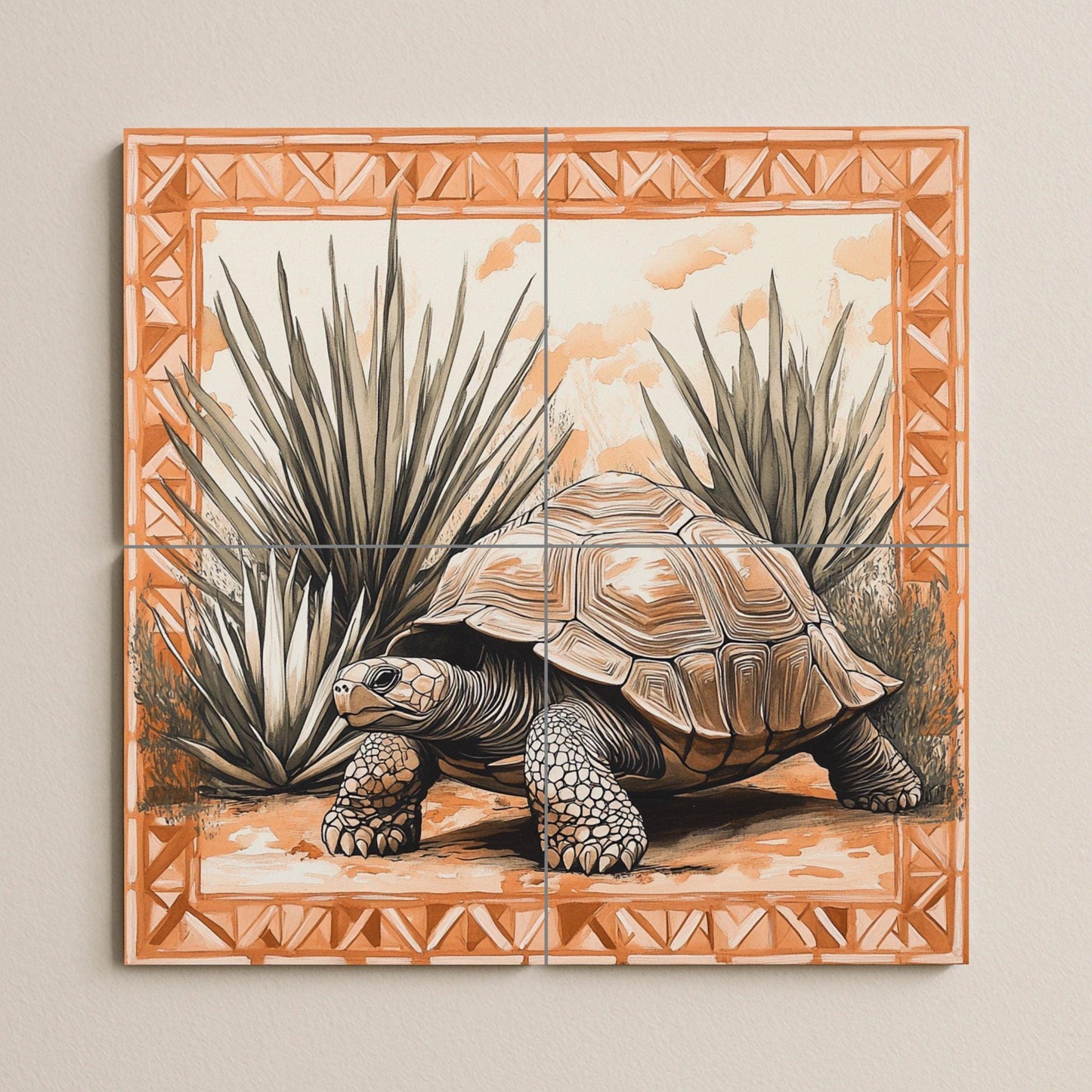 Mural de azulejos cerámicos de tortuga del desierto con plantas de…
