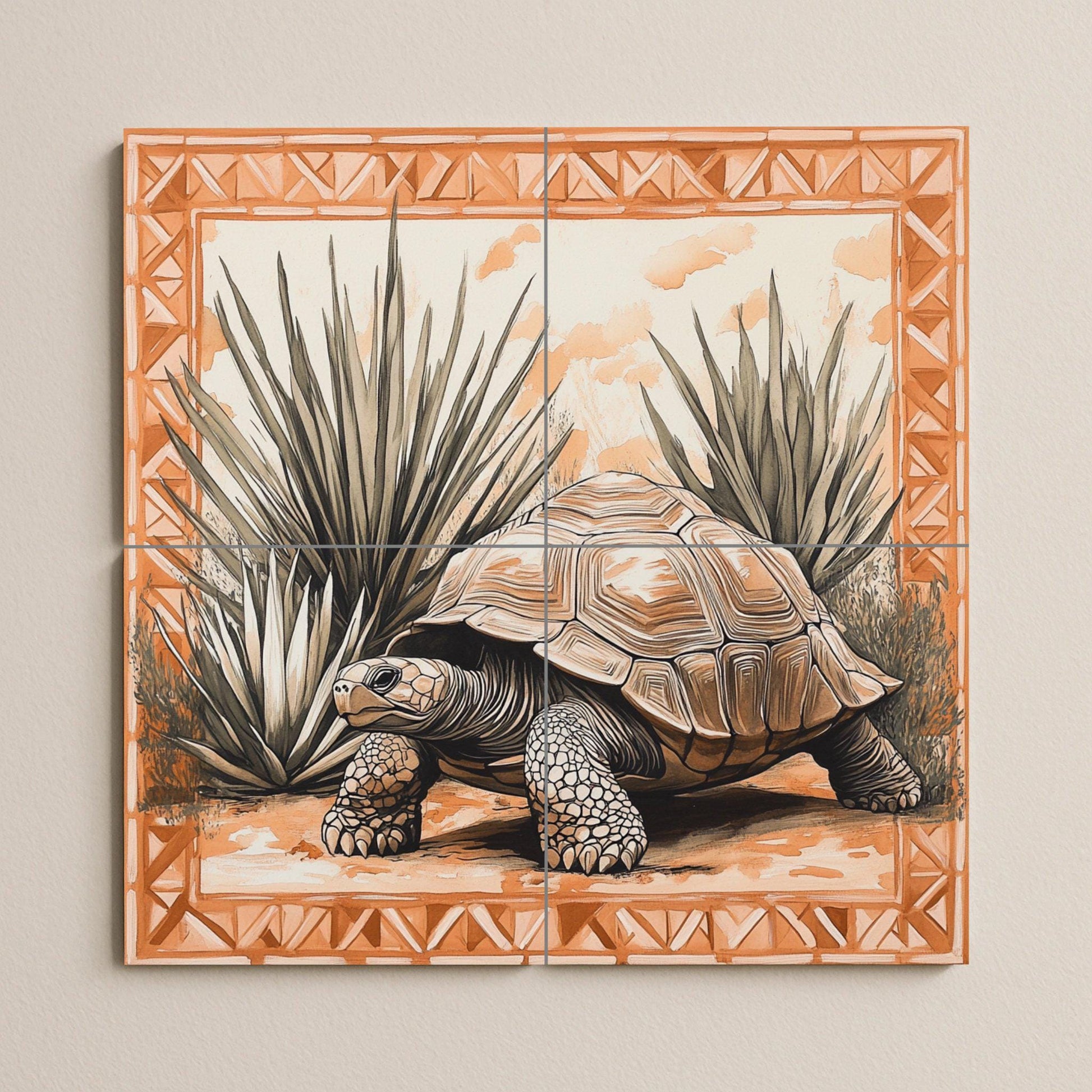 Mural de azulejos cerámicos de tortuga del desierto con plantas de…