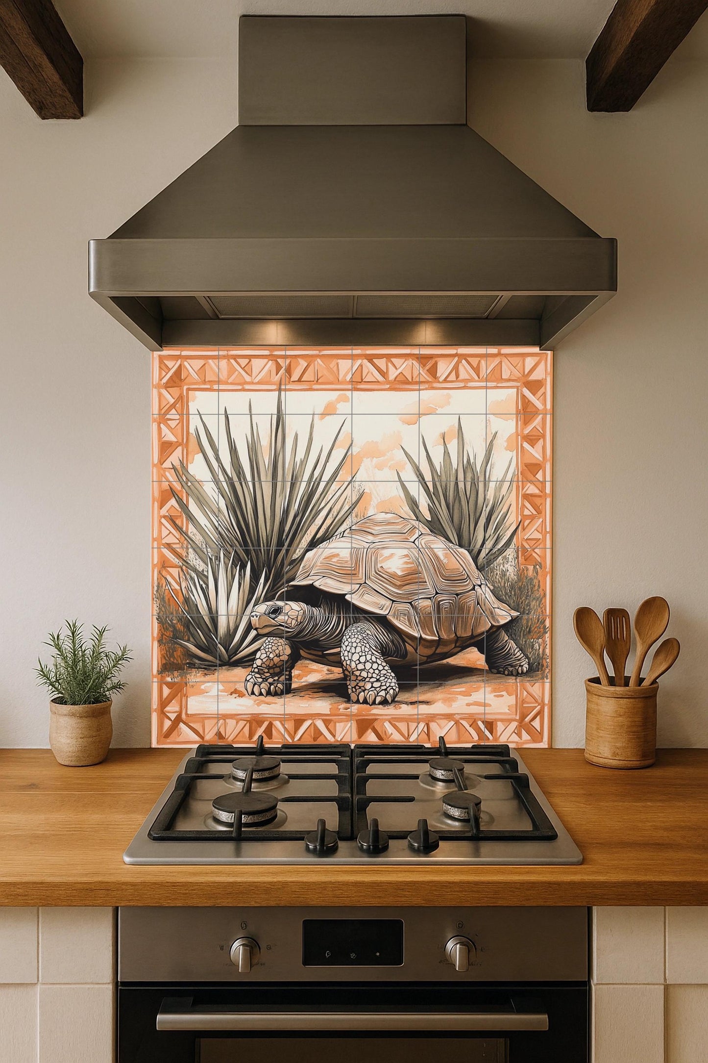 Mural de azulejos cerámicos de tortuga del desierto con plantas de…
