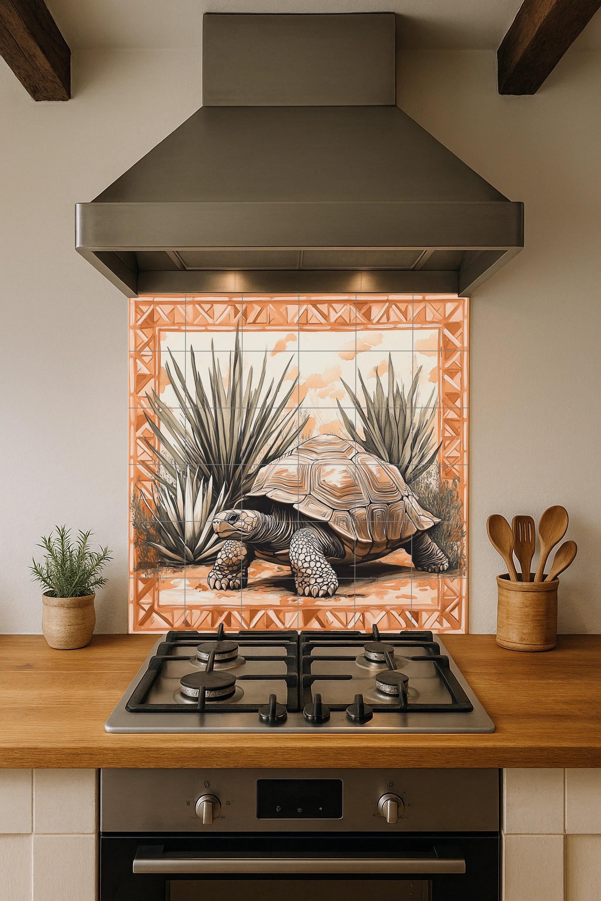 Mural de azulejos cerámicos de tortuga del desierto con plantas de…
