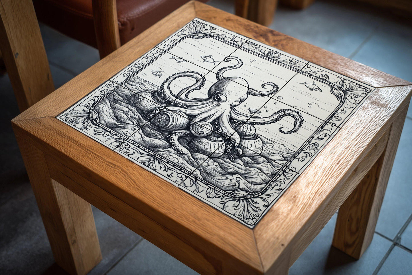 Forma de pulpo náutico y barriles vintage, es — Fliesen-Wandbild aus Keramik · Küstenszene