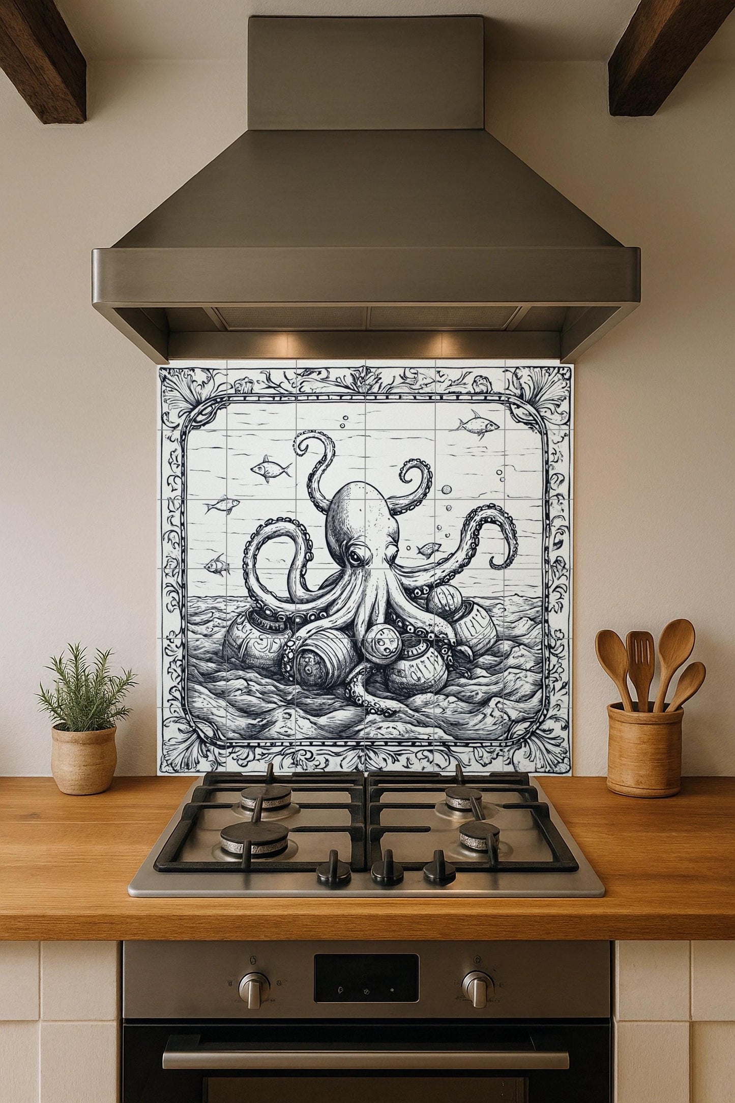 Forma de pulpo náutico y barriles vintage, es — Fliesen-Wandbild aus Keramik · Küstenszene