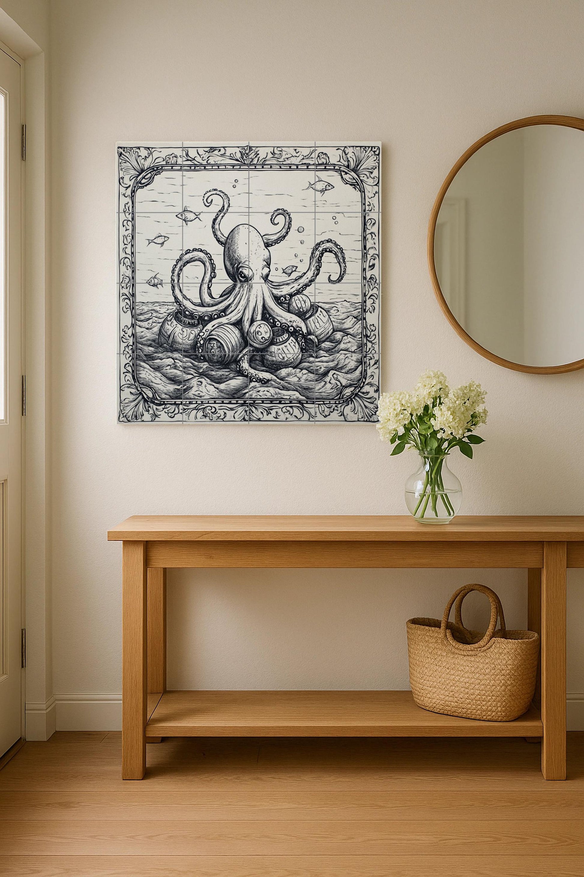 Forma de pulpo náutico y barriles vintage, es — Fliesen-Wandbild aus Keramik · Küstenszene