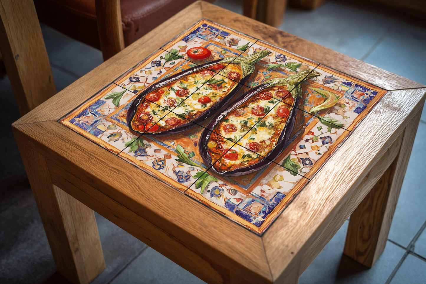 Mediterránea con berenjenas al horno, arte popu — Murale in Piastrelle di Ceramica · Arte Rustica di Fattoria