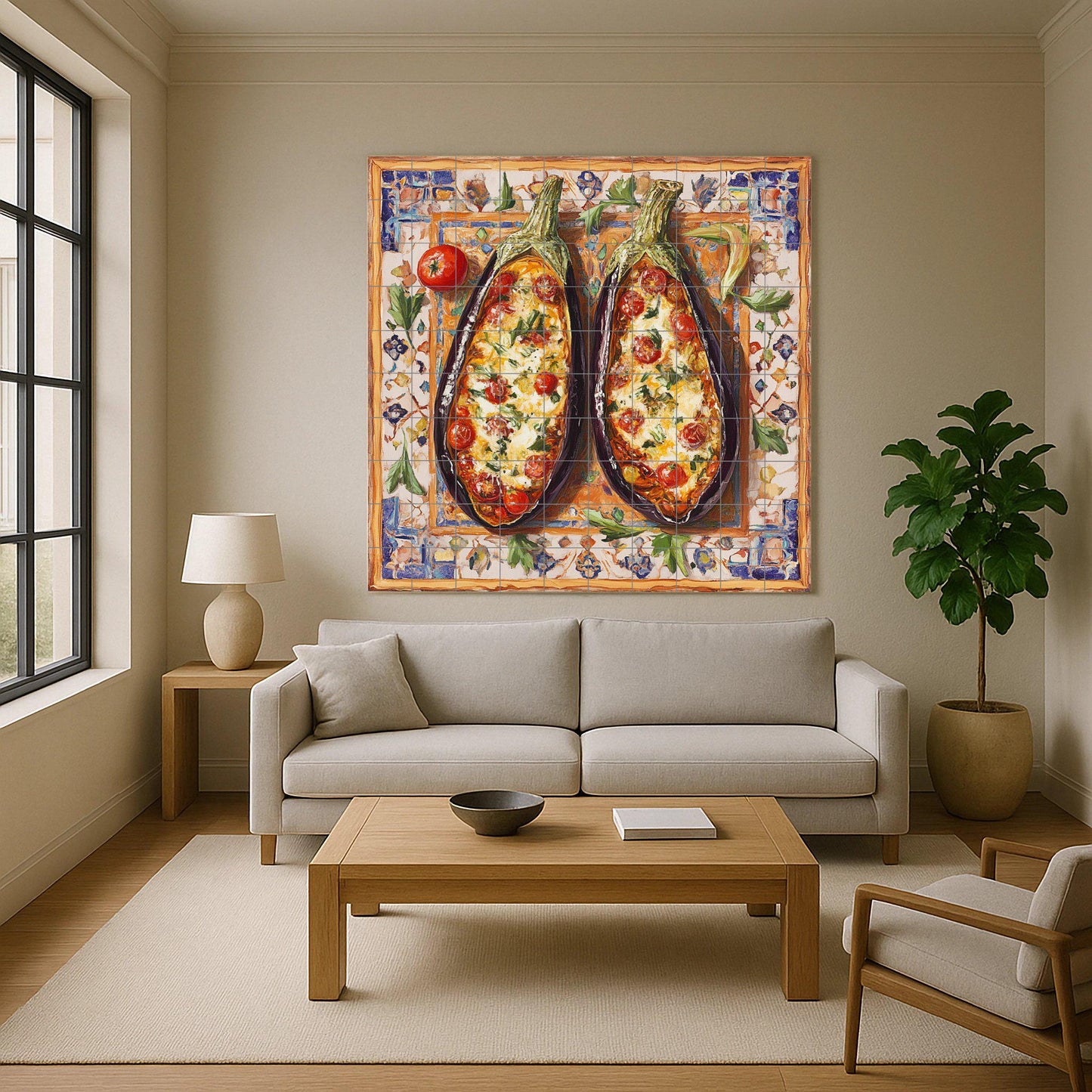 Mediterránea con berenjenas al horno, arte popu — Murale in Piastrelle di Ceramica · Arte Rustica di Fattoria