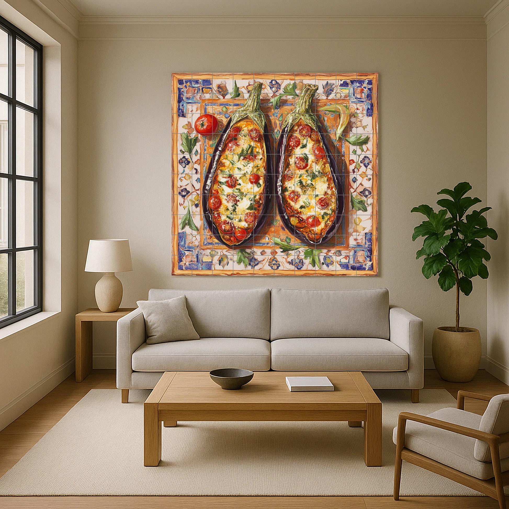 Mediterránea con berenjenas al horno, arte popu — Murale in Piastrelle di Ceramica · Arte Rustica di Fattoria