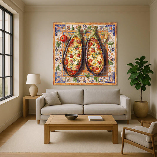 Mediterránea con berenjenas al horno, arte popu — Kitchen & Country Scene · Ceramic Tile Mural