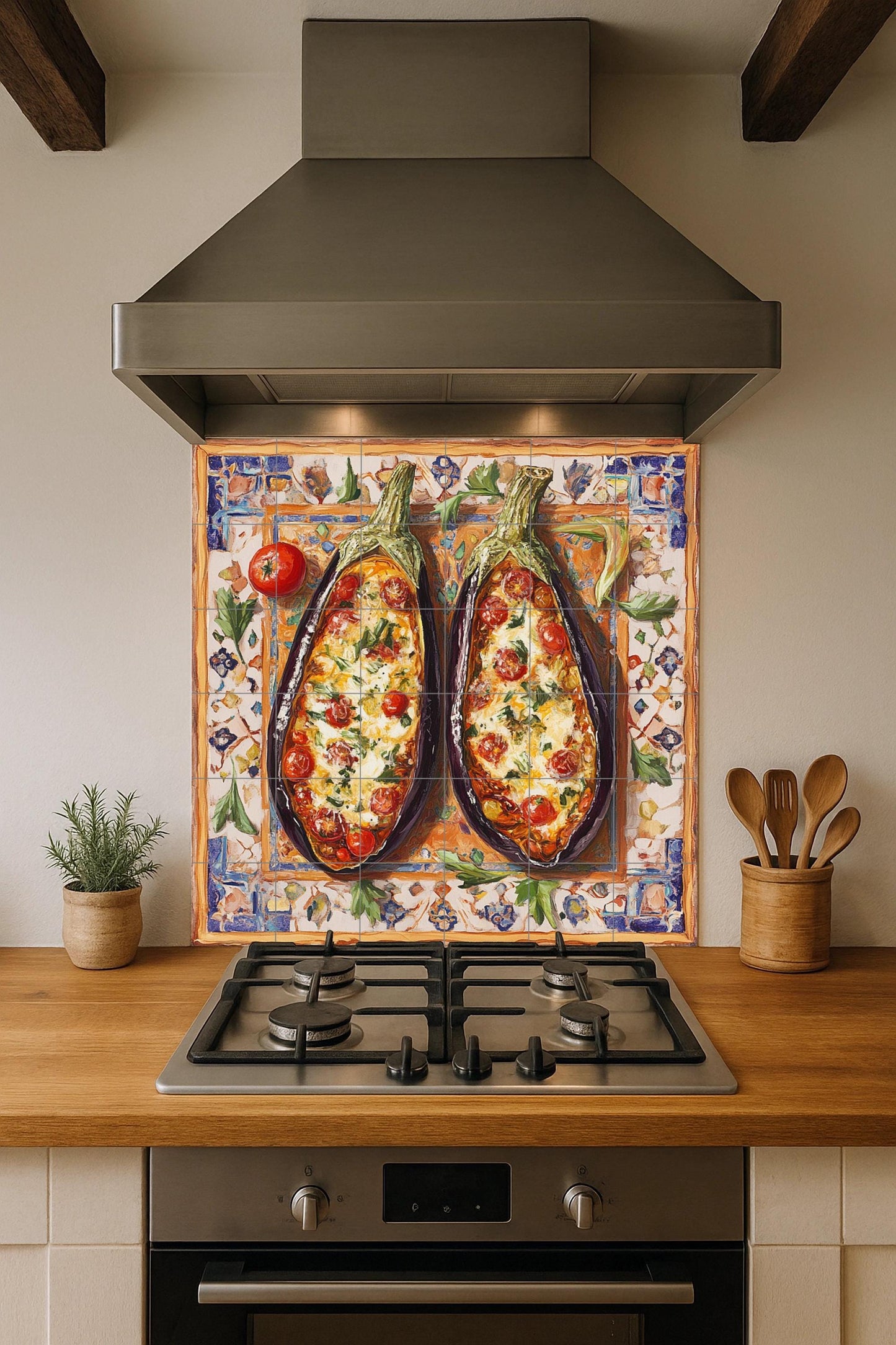 Mediterránea con berenjenas al horno, arte popu — Murale in Piastrelle di Ceramica · Arte Rustica di Fattoria