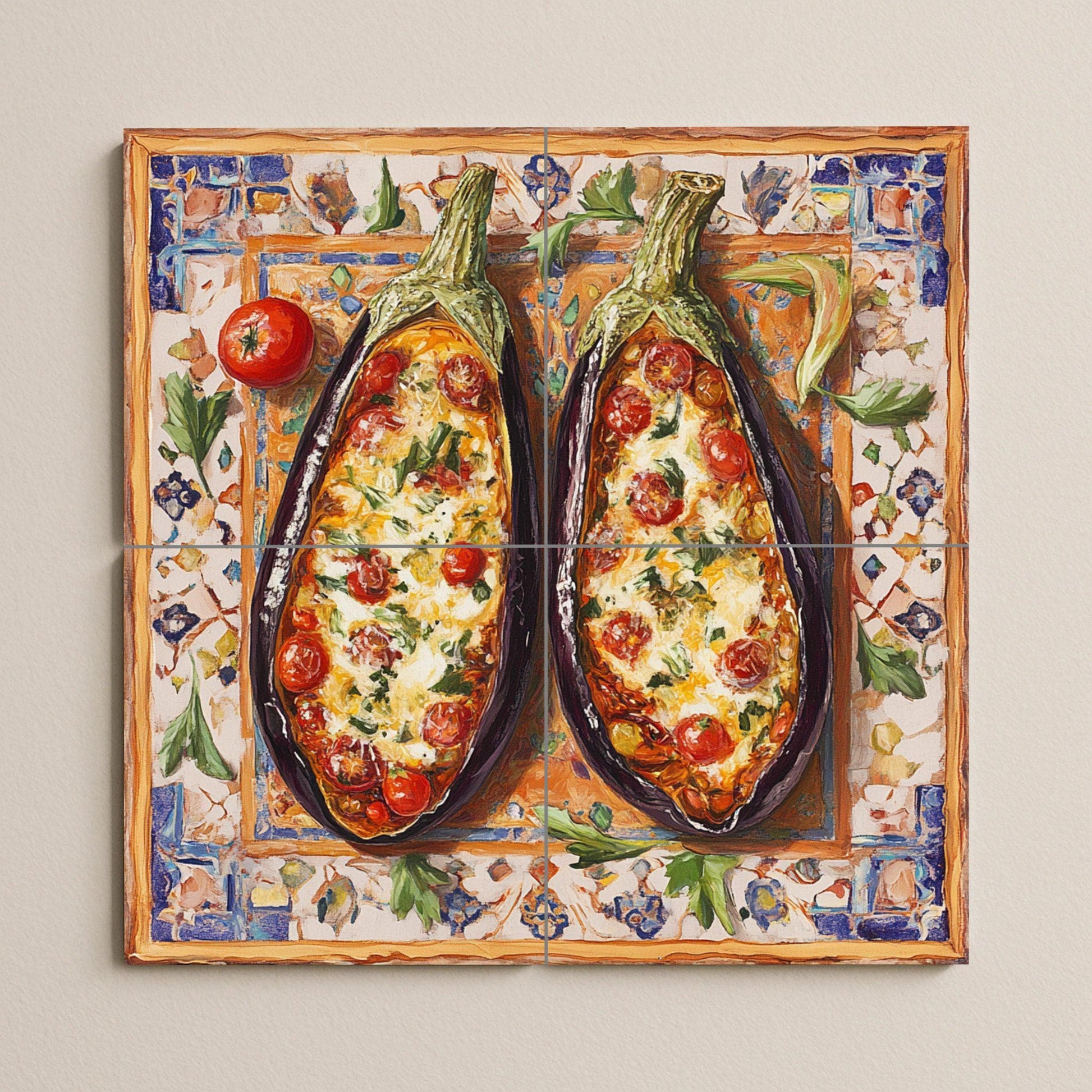 Mediterránea con berenjenas al horno, arte popu — Murale in Piastrelle di Ceramica · Arte Rustica di Fattoria
