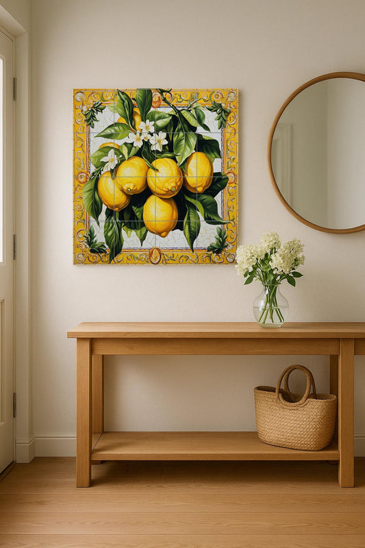 Mural de azulejos de cerámica con limones, flores de cítricos, hojas…