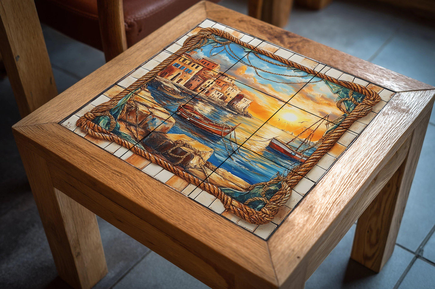 Mural de azulejos de cerámica con puesta de sol en el puerto, barcos…
