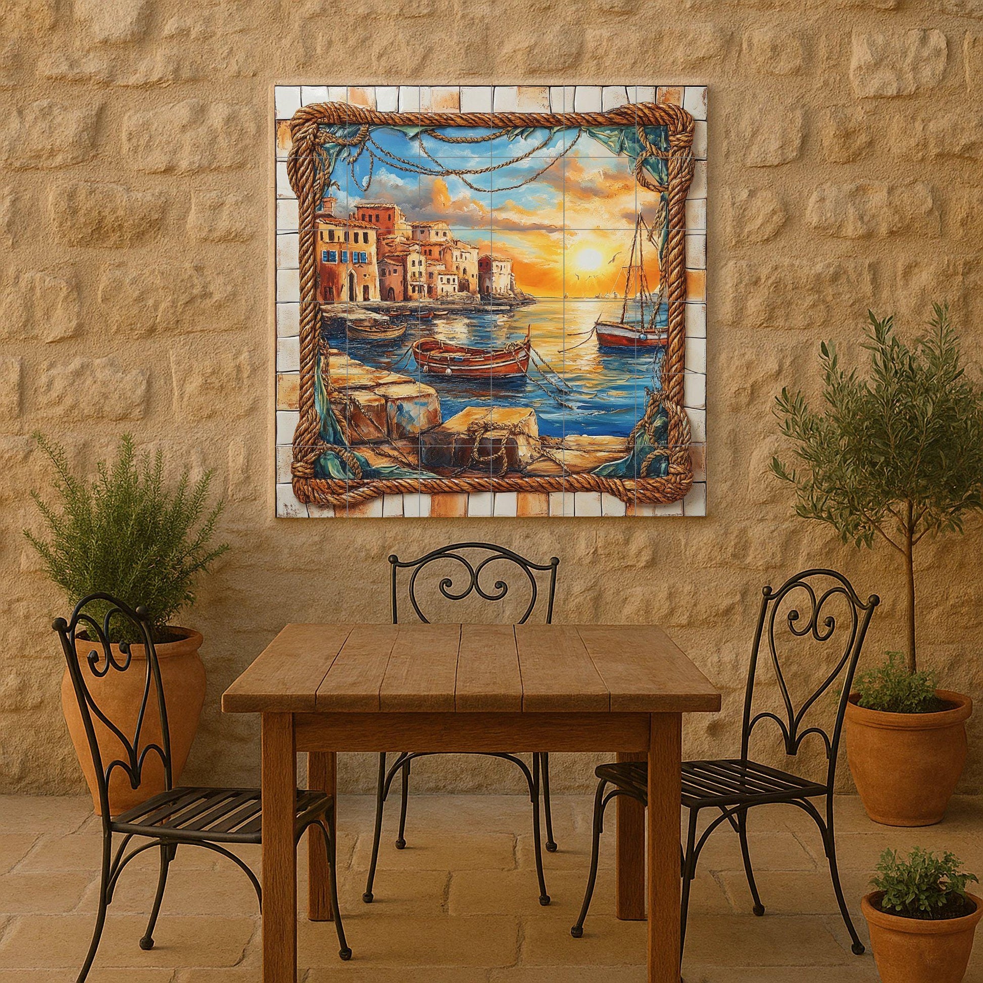 Mural de azulejos de cerámica con puesta de sol en el puerto, barcos…