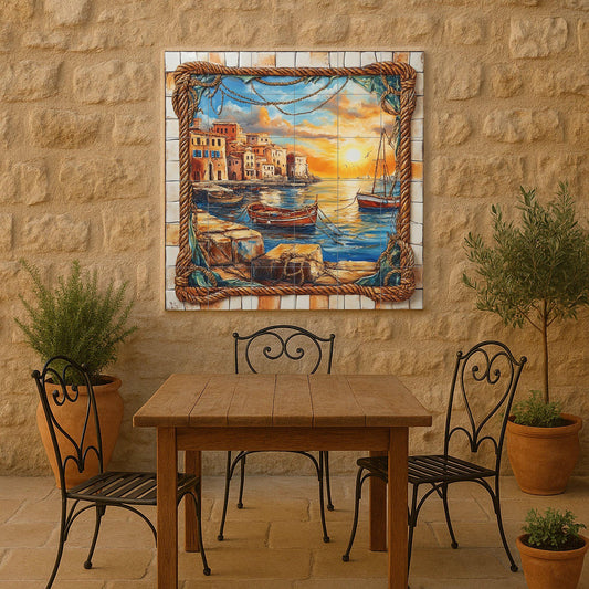 Mural de azulejos de cerámica con puesta de sol en el puerto, barcos…