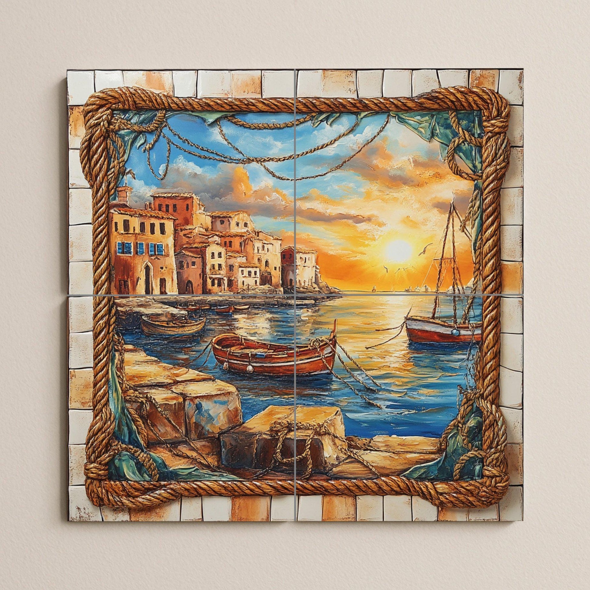 Mural de azulejos de cerámica con puesta de sol en el puerto, barcos…