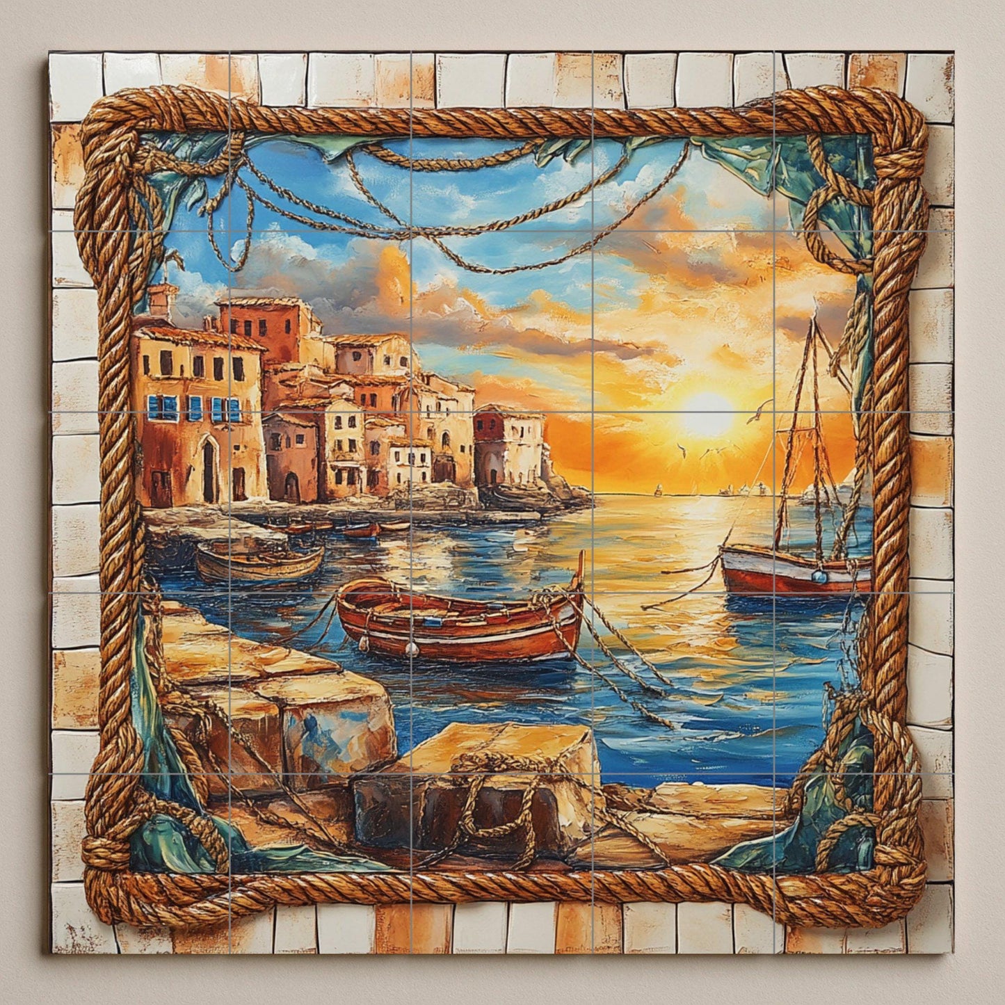 Mural de azulejos de cerámica con puesta de sol en el puerto, barcos…