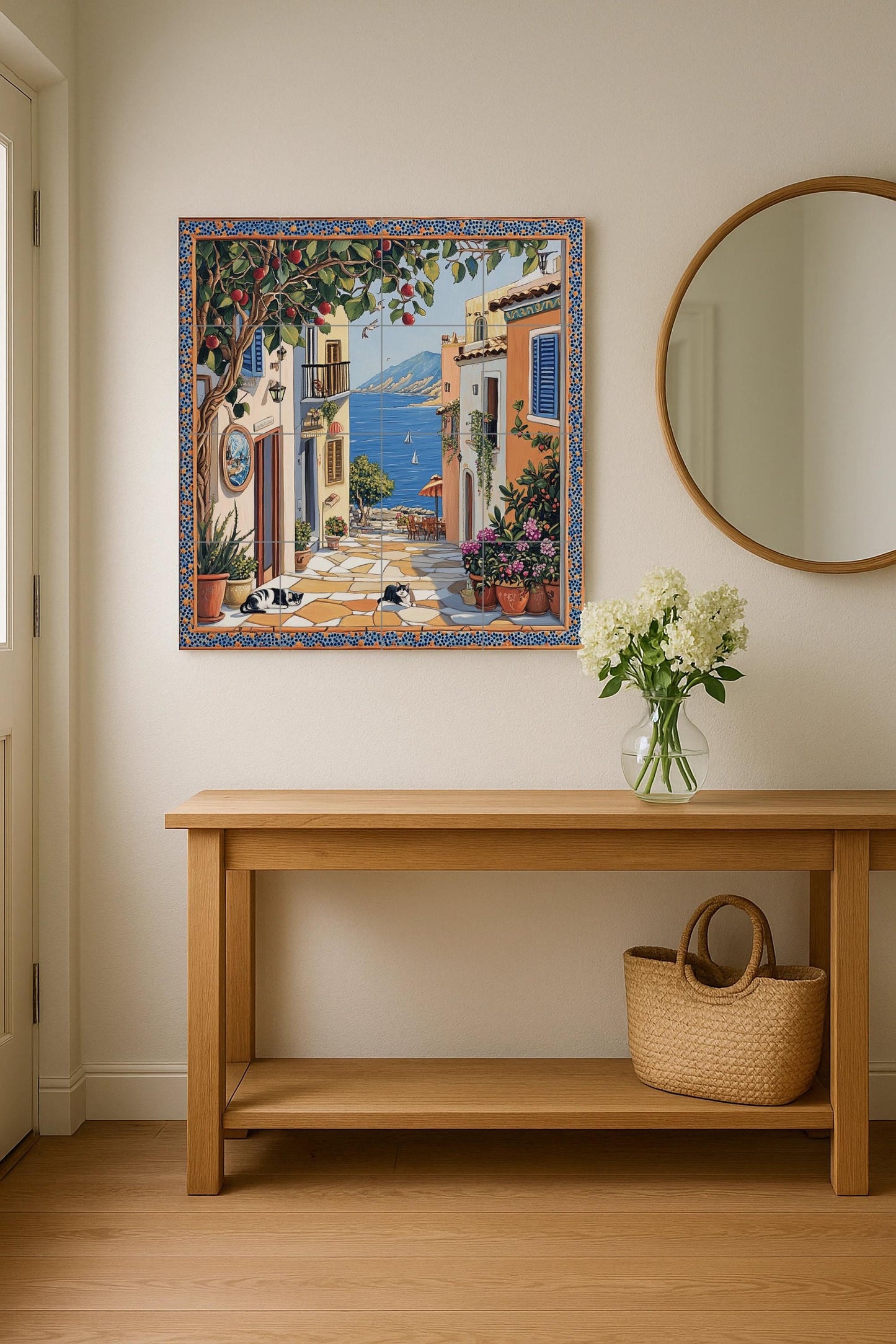 Escena callejera de un pueblo costero, árbo — Flowers & Landscape Art · Tile Wall Art