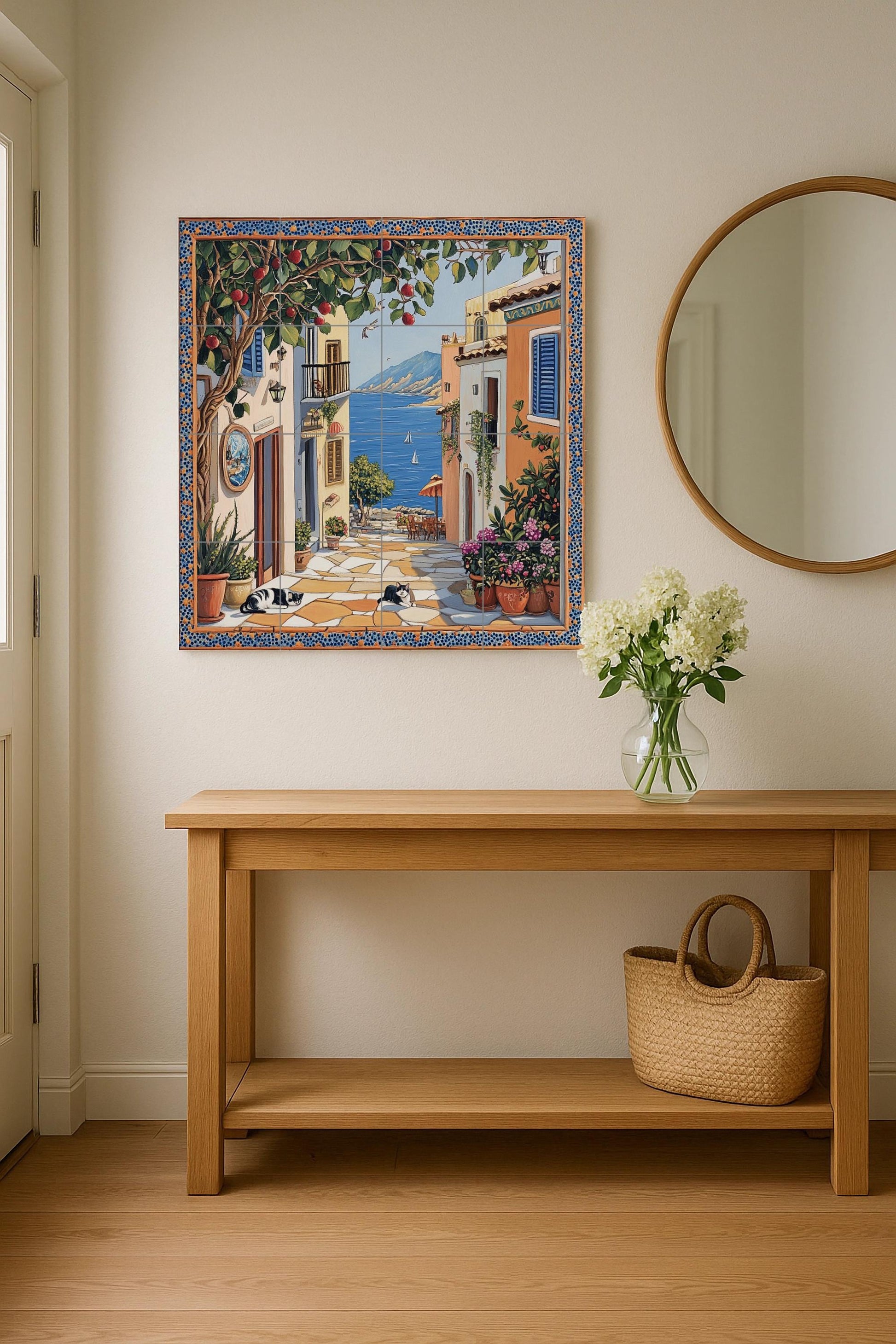Escena callejera de un pueblo costero, árbo — Flowers & Landscape Art · Tile Wall Art
