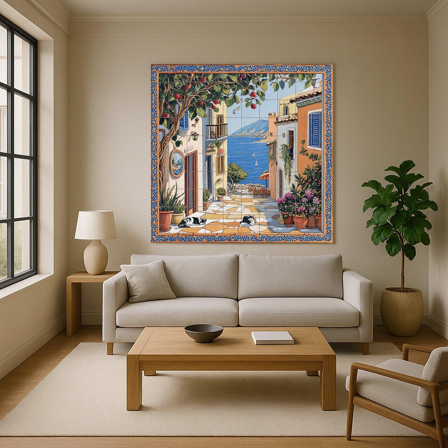 Escena callejera de un pueblo costero, árbo — Flowers & Landscape Art · Tile Wall Art