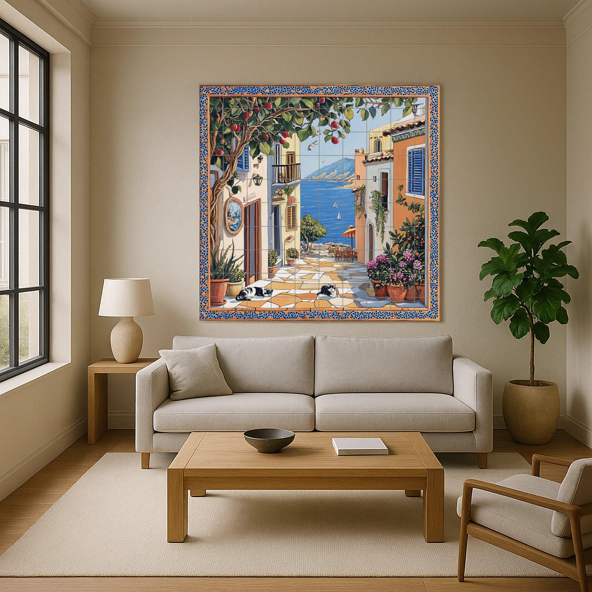 Escena callejera de un pueblo costero, árbo — Flowers & Landscape Art · Tile Wall Art
