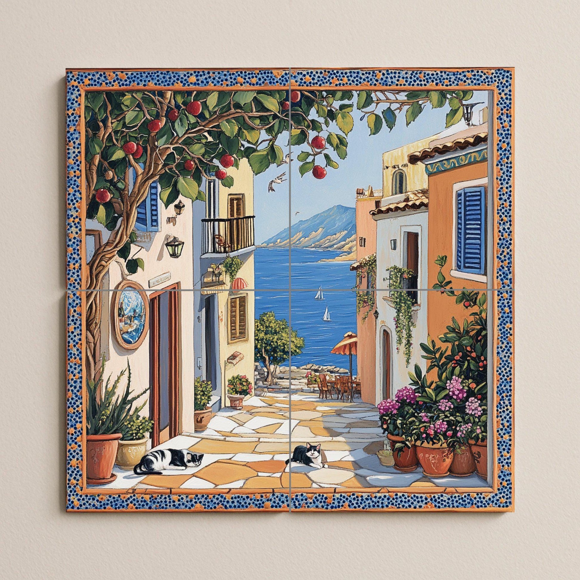 Escena callejera de un pueblo costero, árbo — Flowers & Landscape Art · Tile Wall Art