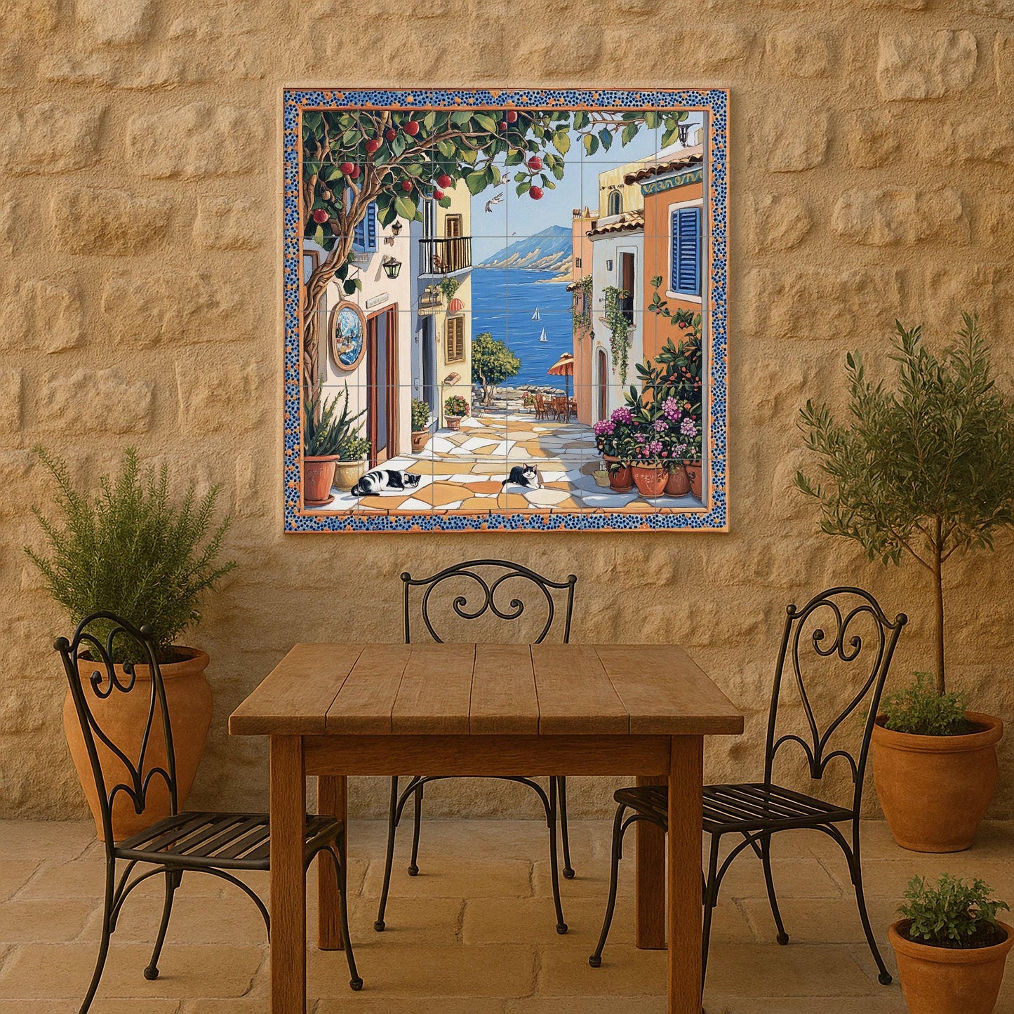 Escena callejera de un pueblo costero, árbo — Flowers & Landscape Art · Tile Wall Art