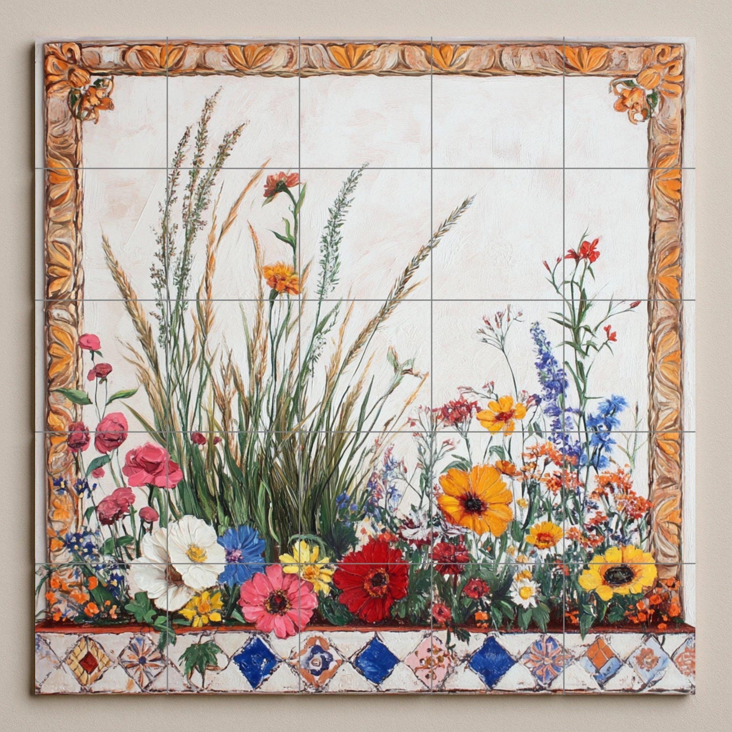 Borde de prado de flores silvestres, tallos — Fliesen-Wandbild aus Keramik · Garten- & Natur-Dekor