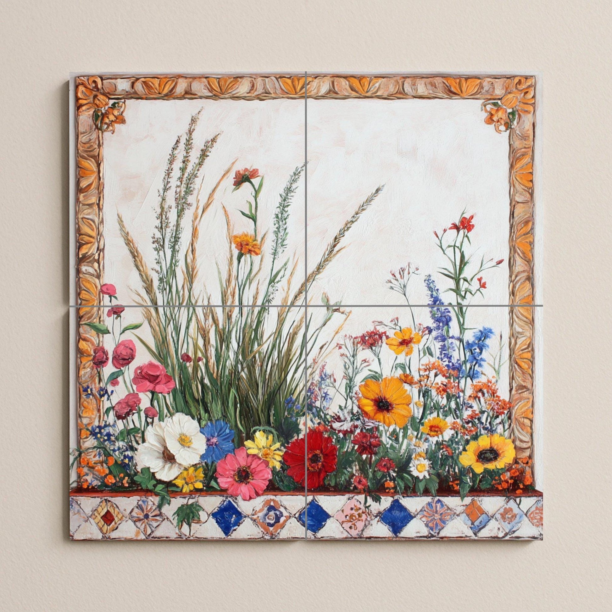 Borde de prado de flores silvestres, tallos — Fliesen-Wandbild aus Keramik · Garten- & Natur-Dekor