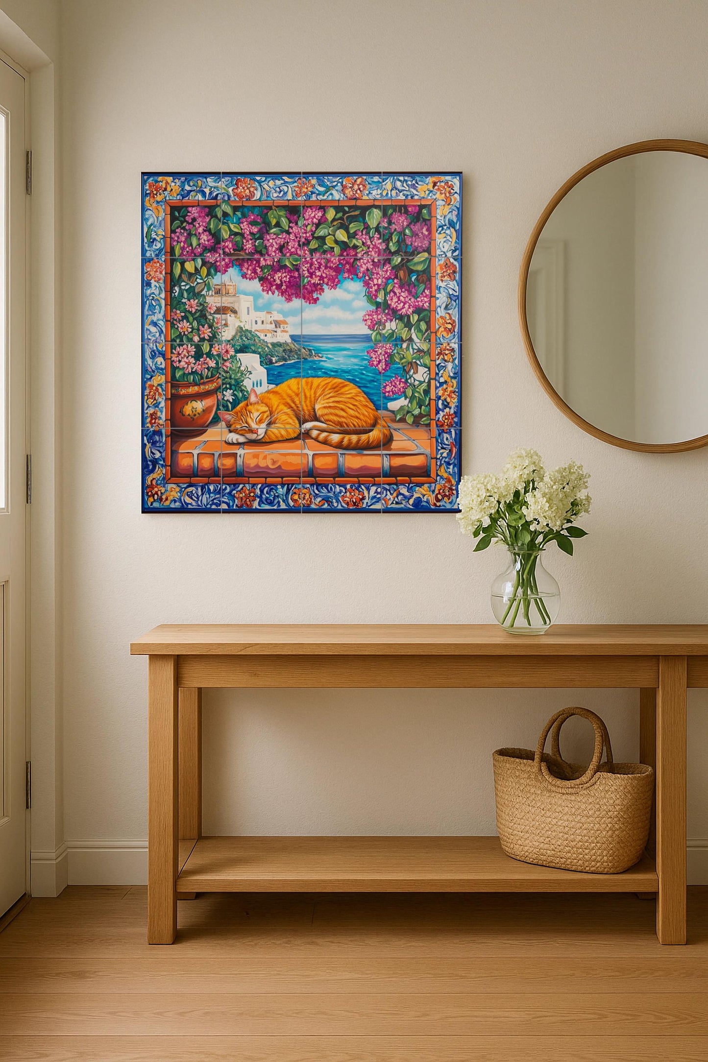 Gato naranja durmiendo sobre baldosas de te — Nature Wall Art · Tile Wall Art